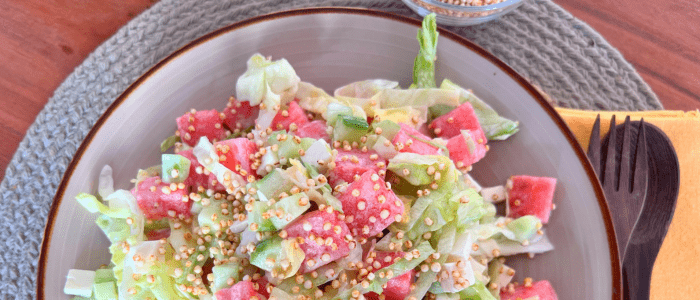 Rezept zum Kurzzeitfasten - Sommerlicher Wassermelonen-Quinoa-Salat (nur 200 kcal) Rezept zum Kurzzeitfasten - Sommerlicher Wassermelonen-Quinoa-Salat (nur 200 kcal)