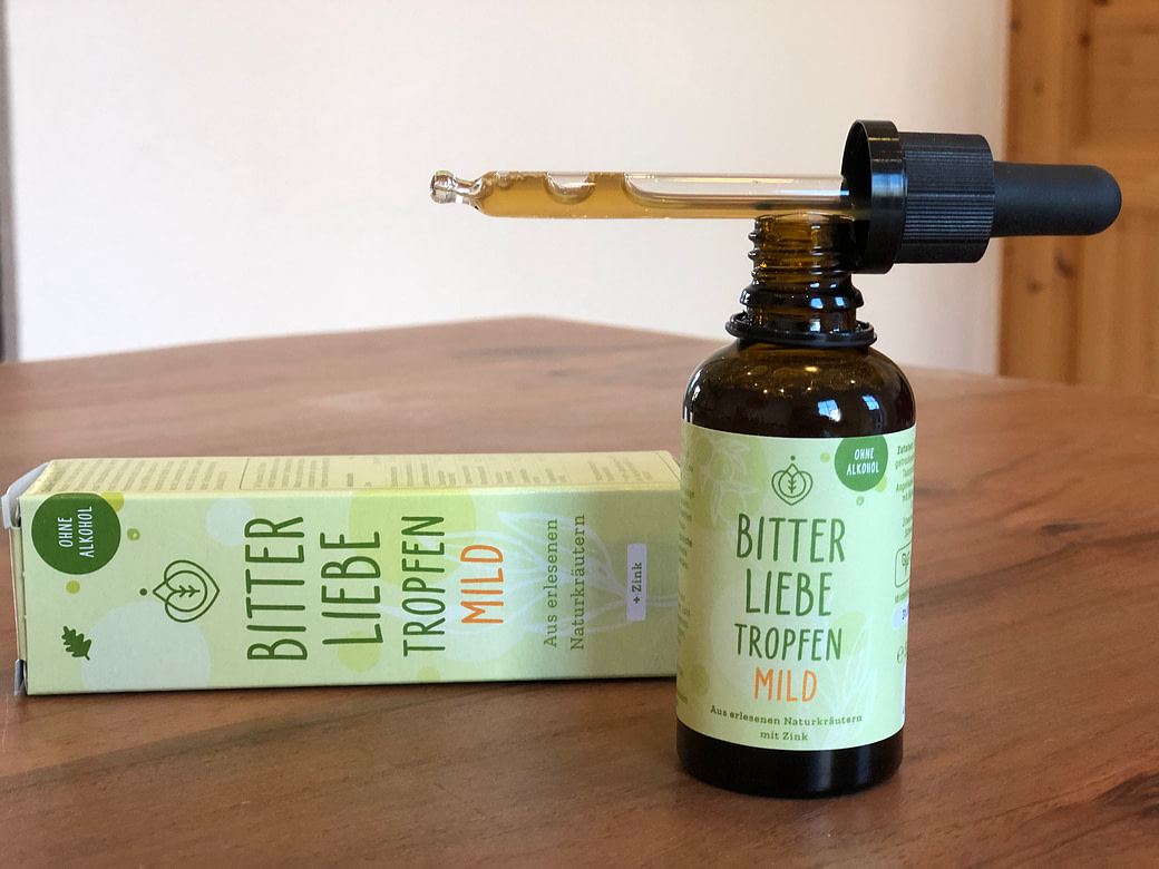 Bitterstoffe zur Vermeidung von Heißhunger auch beim Turbo-Fastentag Darstellung einer Flasche Bittertropfen von Bitterliebe