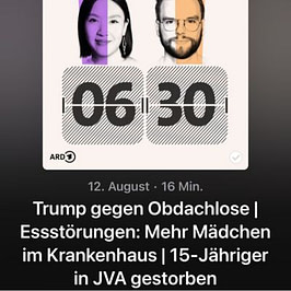 Podcast 06:30 – Trump gegen Obdachlose, Essstörungen, Todesfall in JVA Cover des ARD-Podcasts „06:30“ mit Porträtfotos der Moderatorin und des Moderators sowie den Themen der Folge: Trump gegen Obdachlose, Essstörungen bei Mädchen, 15-Jähriger in JVA gestorben.