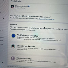 Meta Verified Vorteile – Screenshot fuchsmunter.de Instagram-Konto Screenshot der Meta Verified-Übersicht mit Vorteilen wie Verifizierungsabzeichen, erweitertem Support und Suchoptimierung für das Instagram-Konto fuchsmunter.de.