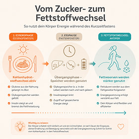 Vom Zucker- zum Fettstoffwechsel beim Kurzzeitfasten nfografik vom Zuckerstoffwechsel zum Fettstoffwechsel beim Kurzzeitfasten mit Essensphase, Esspause und sinkendem Insulinspiegel