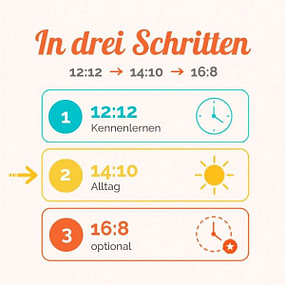 Intermittierendes Fasten in drei Schritten Intermittierendes Fasten in drei Schritten: Einstieg mit 12:12, Alltag mit 14:10 und 16:8 als optionale Steigerung