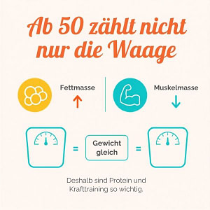 Intervallfasten in den Wechseljahren – Gewicht, Fett- und Muskelmasse ab 50 Intervallfasten in den Wechseljahren: Grafik zeigt, dass ab 50 trotz gleichem Gewicht die Fettmasse steigen und die Muskelmasse sinken kann.
