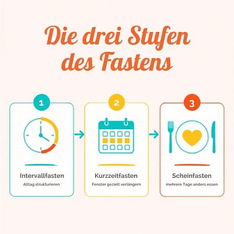 16:8 Intervallfasten – die drei Stufen des Fastens 16:8 Intervallfasten als erste von drei Fastenstufen – Intervallfasten, Kurzzeitfasten und Scheinfasten im Überblick