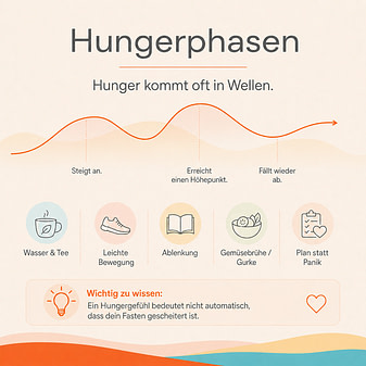 Hungerphasen beim Kurzzeitfasten verstehen Infografik zu Hungerphasen beim Kurzzeitfasten mit Hungerwelle, Wasser, Tee, Bewegung, Ablenkung und kleinen Hilfen