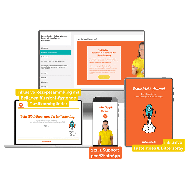 Produktbild zu Fastenleicht dein 4 Wochen Reset mit dem Turbo-Fastentag im Ueberblick Das bekommst du im Fastenleicht-Coaching – dein 4-Wochen-Reset mit dem Turbo-Fastentag